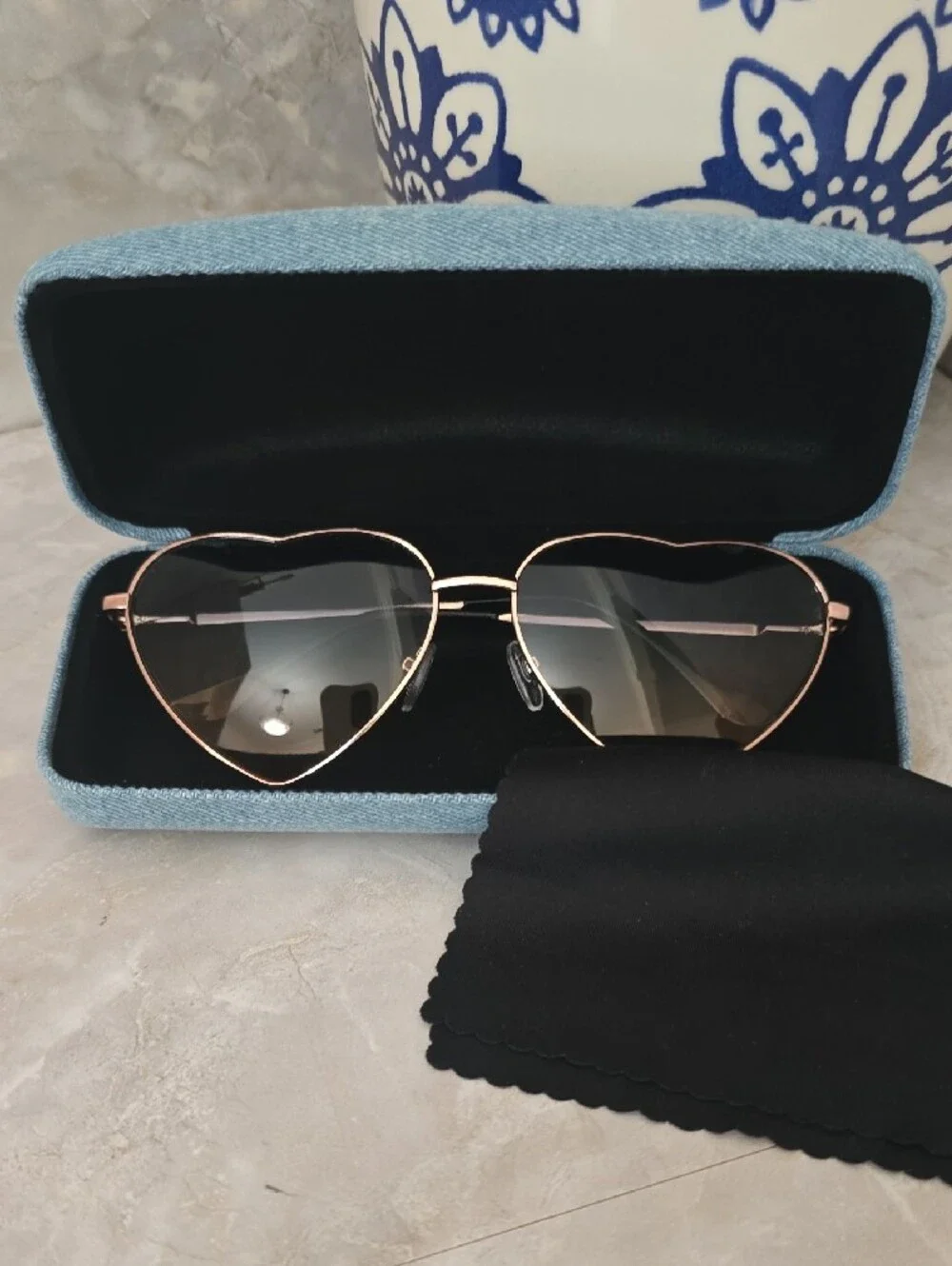 Y2K Festival Rose Gold Heart Sunglasses & Denim Case Set